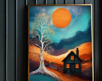 Arte mural abstracto de casa y árbol / Póster de descarga digital / Arte moderno naranja y azul
