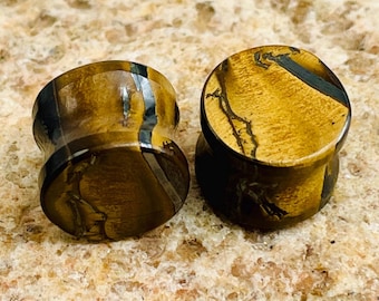 Tapones para las orejas de piedra preciosa ojo de tigre natural, túneles para las orejas, hechos a mano, tamaño de 8 g a 60 mm, más opciones de personalización disponibles.