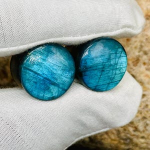 Può includere: Due tappi rotondi e lucidi con un vibrante colore turchese e blu. I tappi hanno una finitura lucida e mostrano motivi di venature naturali. I tappi sono tenuti contro uno sfondo di tessuto bianco.