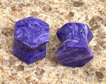 Pair of Charoite Gemstone Hexagon Ear Plugs, Ear tunnels, Handmade Size 8g to 60mm, More Customise Available.