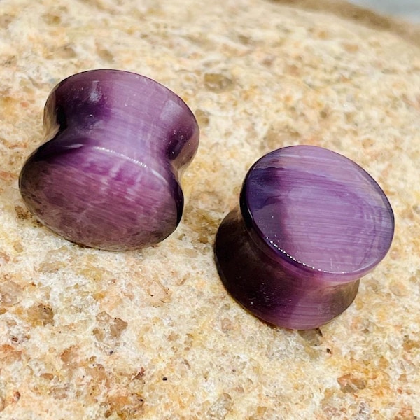 Pair of Purple CatsEye Gemstone Ear Plugs, Ear tunnels, Handmade Size 8g to 60mm, More Customise Available.