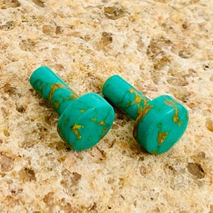 May include: Two turquoise beads with gold-coloured veining. The beads are cylindrical with rounded ends. They are displayed on a textured, light brown surface. The beads have a smooth, polished appearance.