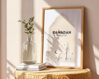 Minimalistiskt Ramadan Mubarak-tryck, moskékonst, neutral heminredning (digital nedladdning)