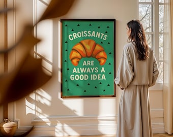 Konsttryck med croissantkök, retro cafédekor (digital nedladdning)