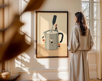Konsttryck med kaffeskummare i teamwork, minimalistisk köksinredning (digital nedladdning)