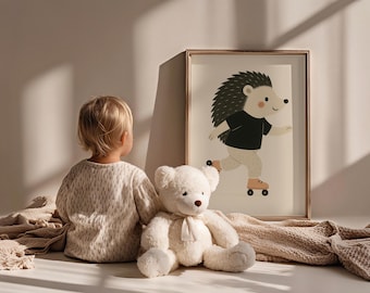 Rullskridskoåkning Igelkotttryck | Lekfull barnrumskonst (digital nedladdning)