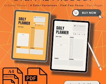 Daglig fokusplanerare, utskrivbar, odaterad med tacksamhetsuppmaningar (digital nedladdning)