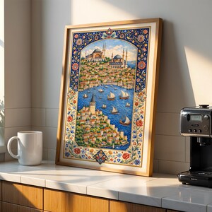 Lámina artística de paisaje urbano de Estambul, estilo otomano en miniatura, decoración vintage para el hogar (descarga digital)