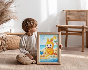 Labubu Beach Monster Barnrumstryck, Sandslott Kustdekor (Digital Nedladdning)