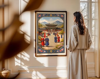 Konsttryck i Gyeongbokgung-palatset, ottomansk miniatyrstil, koreansk kulturdekor (digital nedladdning)