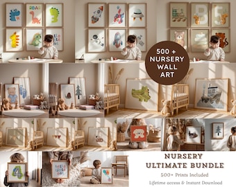 500+ Mega Bundle Väggkonstpaket för barn, Safari, Regnbåge, ABC, Dinosaurietryck (digital nedladdning)