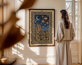 Miniatyrkonsttryck av Kappadokiens grottstad, ottomansk Tezhip-kantväggkonst (digital nedladdning)