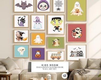 Halloween akvarell tecknade tryck, barnrumsdekor (digital nedladdning)