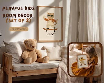 Konsttryck med skateboardkatt och barnrum: Lekfull barnrumsdekoration (set om 2) (digital nedladdning)