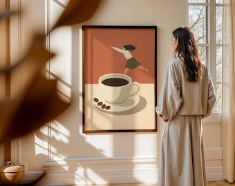 Konsttryck med kvinna som hoppar ner i en kaffekopp, minimalistisk köksinredning (digital nedladdning)