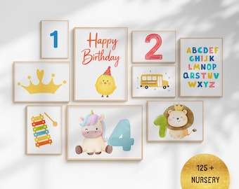 125+ väggkonstpaket för barn, Safari, alfabet, pedagogiska tryck (digital nedladdning)