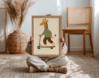 Giraff Scooter-tryck, djurkonst i lekrum för barn (digital nedladdning)