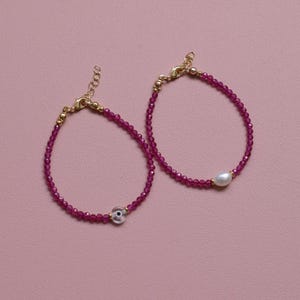 Ruby Pearl Bracelet, Ruby Gemstone Bracelet, Evil Eye Bracelet, Minimal Gold Bracelet, July Birthstone Gift for Her