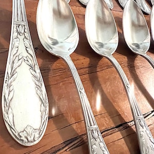 May include: A set of silver-toned metal spoons featuring an ornate embossed leaf and floral pattern along the handles. The spoons have a polished finish with a tapered design, showcasing intricate detailing at the base of each handle and along the stem.