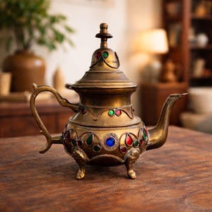 May include: An antique brass teapot with a curved handle and spout. The teapot is decorated with coloured glass jewels in red, green, and blue. It stands on three small feet and is displayed on a wooden table.