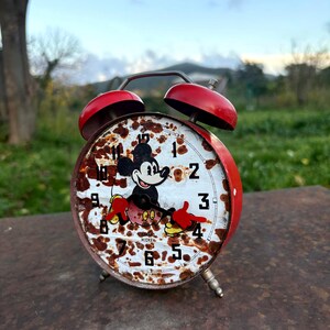 Vintage Mickey Mouse Alarm Clock, Red Twin Bell Wind Up, Disney Collectible, Retro Desk Clock, Untested