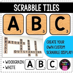 以下が含まれることがあります： A、B、Cの文字が書かれた、印刷可能なスクラブルタイルのセットです。タイルは木目調で、黒い文字が書かれています。タイルには、ポイント値が記されています。A（1ポイント）、B（3ポイント）、C（3ポイント）。画像には、「あなただけのカスタムスクラブルディスプレイを作成しましょう！」というテキストも含まれています。