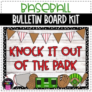 Könnte beinhalten: Baseball-Themen-Pinnwand-Kit mit dem Text "BASEBALL BULLETIN BOARD KIT" und "KNOCK IT OUT OF THE PARK". Enthält Baseball-, Handschuh-, Schläger- und Anzeigetafelgrafiken. Braun-rotes Farbschema.