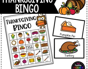 May include: A Thanksgiving Bingo game with 30 bingo cards and caller cards. The bingo card features images of Thanksgiving-themed items such as a cornucopia, turkey, pumpkin pie, and a pilgrim hat. The caller cards feature images of the same items.