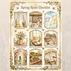 Könnte beinhalten: Ein dekoratives Poster mit Frühlingsmotiv. Das Poster zeigt Illustrationen und Text, darunter "Spring Reset Checklist". Die Illustrationen zeigen verschiedene Frühlingsaktivitäten, wie das Öffnen eines Fensters, das Hereintragen von Blumen und das Entrümpeln. Die Farbpalette umfasst sanfte Grün-, Rosa- und Brauntöne.