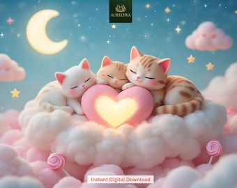 Impressão de berçário de gatos dormindo – Arte de parede de gato pastel excêntrica | Download digital