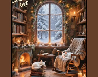 Coin lecture confortable de Noël - chats endormis, décoration murale fenêtre enneigée