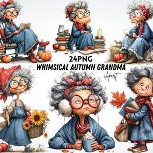 Puede incluir: Una colección de arte digital con seis ilustraciones caprichosas de una anciana en varios escenarios otoñales. Las imágenes incluyen calabazas, libros y follaje de otoño. El texto dice "24PNG WHIMSICAL AUTUMN GRANDMA clipart."