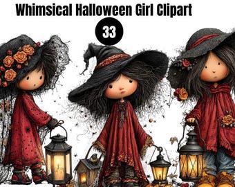 Quirky Halloween Witch PNG Bundle, Cute Witch Clipart, Cottagecore Halloween, Whimsical halloween Girl PNG, Digital Download