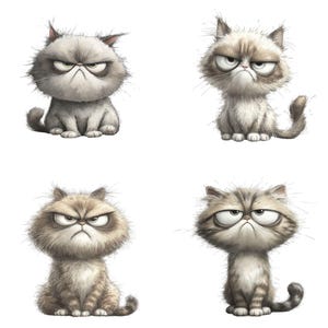 May include: Four cartoon illustrations of grumpy cats with various fur patterns and colors, including gray, brown, and tan. Each cat has a distinct, annoyed facial expression with furrowed brows and a downturned mouth. The cats are depicted sitting or standing.