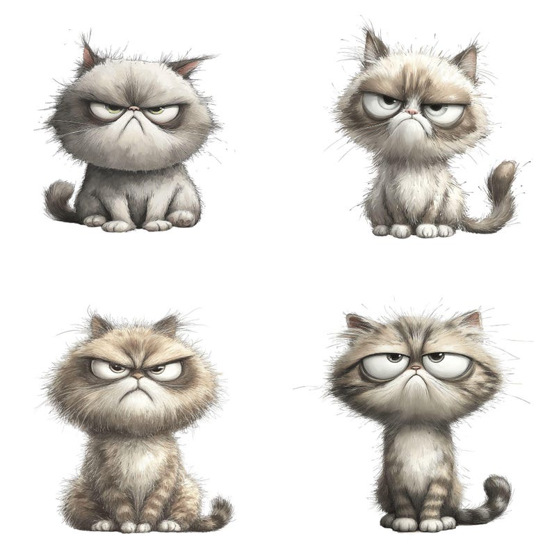 May include: Four cartoon illustrations of grumpy cats with various fur patterns and colors, including gray, brown, and tan. Each cat has a distinct, annoyed facial expression with furrowed brows and a downturned mouth. The cats are depicted sitting or standing.