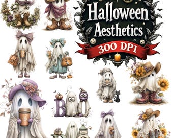Retro Ghost Halloween PNG: Cozy Camping, Autumn Florals (Digital Download)