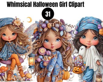 Quirky Halloween Witch PNG Bundle, Cute Witch Clipart, Cottagecore Halloween, Whimsical halloween Girl PNG, Digital Download