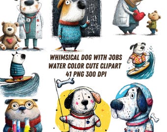 Quirky Clipart Bundle: Watercolor Dog With Job , Funny Dog PNG Images (Digital Download)