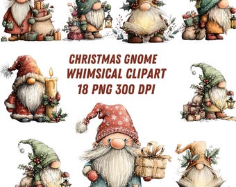 May include: A collection of watercolour illustrations featuring Christmas gnomes. The gnomes are depicted with pointed hats, carrying gifts, lanterns, and books. The text "CHRISTMAS GNOME WHIMSICAL CLIPART 18 PNG 300 DPI" is visible.