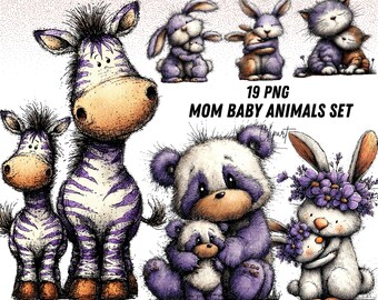 19 Cliparts Acuarela Tiernos de Mamá y Bebé Animales