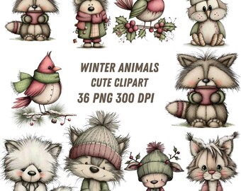 35+ PNG Winter Animals Clipart bundle, Christmas Animal Graphics, Cute Holiday Animals Printables, Digital Download,Unlimited Commercial Use