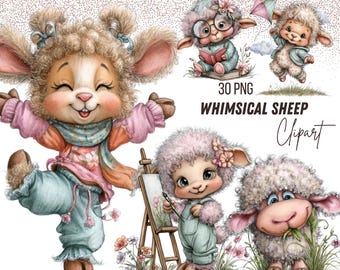 30 Funny and Crazy Sheep Clipart Bundle, Sheep PNG, Watercolor Cute Farm Animals Graphics, Funny Sheep Face, Commercial Use