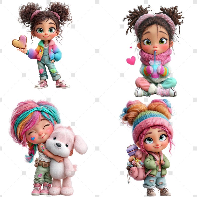 May include: Four cartoon illustrations of young girls. One girl holds a heart-shaped cookie, another sips from a cup, a third hugs a stuffed dog, and the last carries a bag of treats. Each girl has colorful hair and is wearing a variety of outfits.
