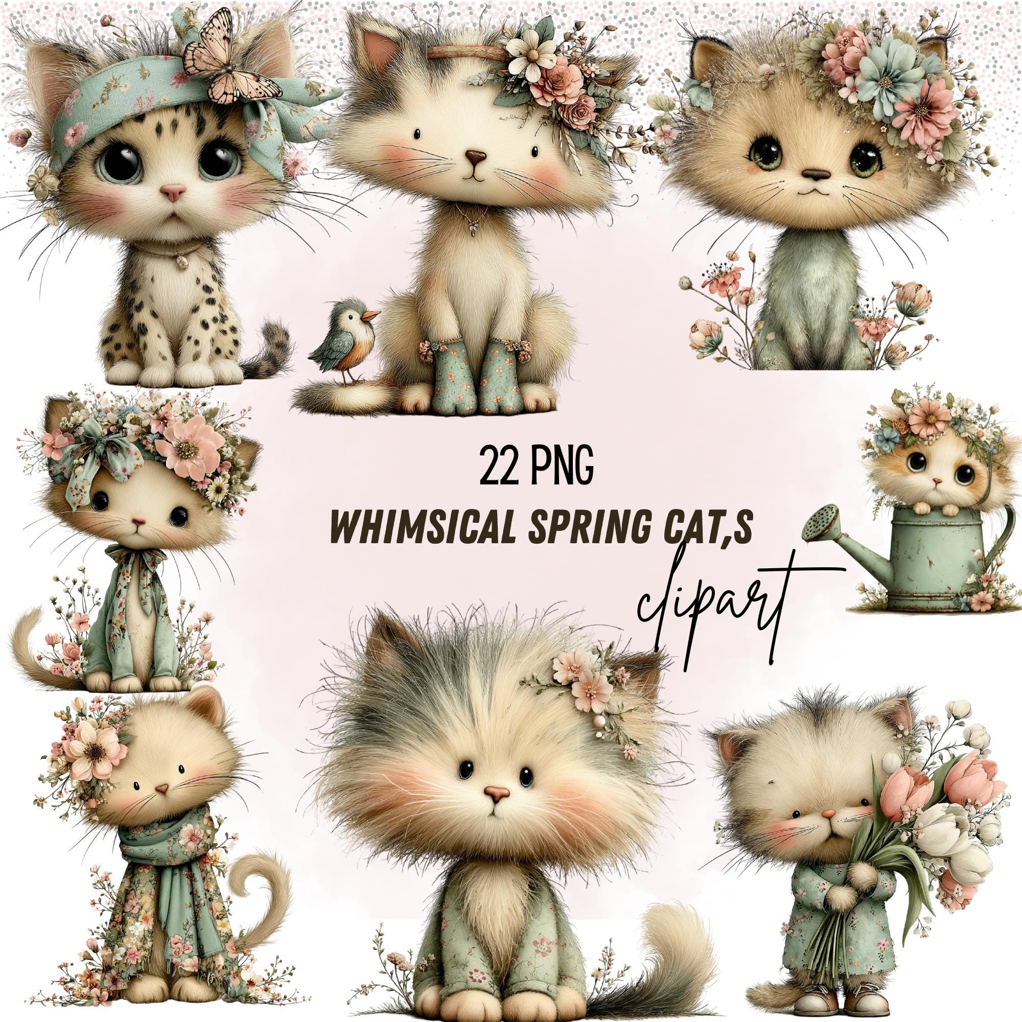 Whimsical Cat Clipart – Cute Spring Cat With White Floral Crown PNG ...