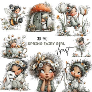 May include: A collection of watercolor clipart featuring spring fairy girls. The images include fairies with floral crowns, a fairy on a bee, a fairy in a teacup, and a fairy near a mushroom house. Text on the image reads "30 PNG SPRING FAIRY GIRL clipart."
