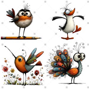K&ouml;nnte beinhalten: Vier skurrile Cartoon-V&ouml;gel in verschiedenen Posen. Einer sitzt auf einem Bleistift, ein anderer scheint zu tanzen. Ein dritter Vogel befindet sich inmitten bunter Blumen, und der letzte hat einen lebendigen, detaillierten Schwanz. Die V&ouml;gel haben gro&szlig;e Augen und ausdrucksstarke Merkmale.