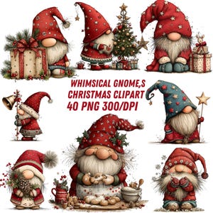 Peut inclure: Une collection d'images clipart de gnomes de Noël fantaisistes. Les gnomes portent des chapeaux rouges à motifs d'étoiles et tiennent des cadeaux, des cloches et une baguette étoilée. Le texte de l'image indique "WHIMSICAL GNOMES, CHRISTMAS CLIPART 40 PNG 300/DPI."