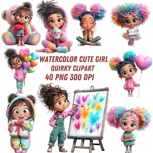 Puede incluir: Una colección de ilustraciones en acuarela con chicas lindas con diseños extravagantes. Las imágenes incluyen chicas con cabello colorido, sosteniendo globos y pintando corazones. El texto en la imagen dice "WATERCOLOR CUTE GIRL QUIRKY CLIPART 40 PNG 300 DPI."