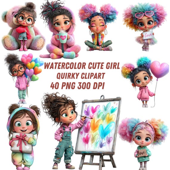 40 Quirky Girl Clipart, Commercial Use, Digital Download, Digital Planner, PNG Clipart, Cute Whimsical Girl, Junk Journaling, Scrapbooking