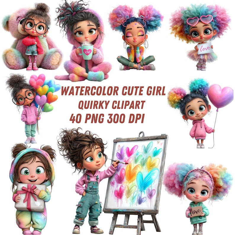 May include: A collection of watercolor illustrations featuring cute girls with quirky designs. The images include girls with colorful hair, holding balloons, and painting hearts. Text on the image reads "WATERCOLOR CUTE GIRL QUIRKY CLIPART 40 PNG 300 DPI."